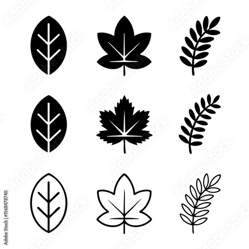 Nine Minimalist Black Leaf Icons Set with Transparent Background Simple Nature Botanical Vector Graphics