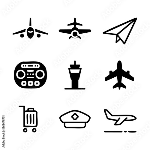 Nine Minimalist Airplane Silhouettes png Transparent Background Vector Illustration Set