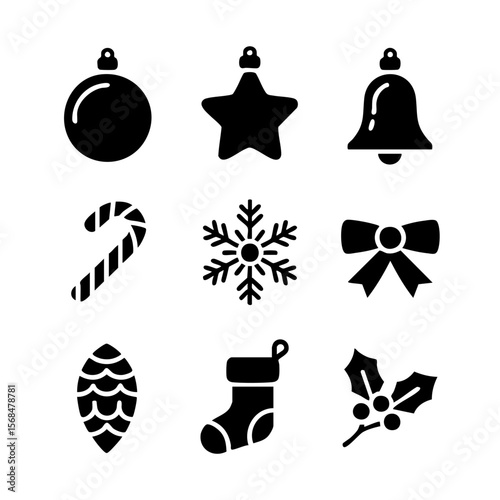 Nine Minimalist Christmas Ornaments Set Silhouette png Transparent Background vector