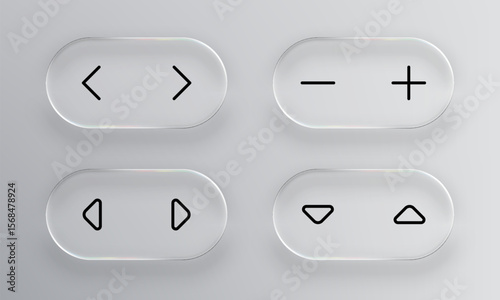 Set of liquid glass user interface elements, including navigation arrows, plus and minus signs. Modern design for web or mobile.