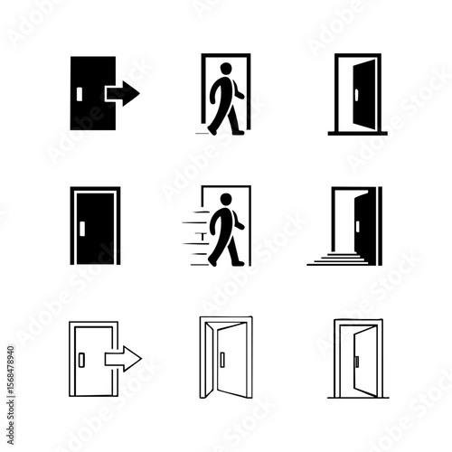 Nine Minimalist Grey Exit Icons Set Silhouette with Transparent Background exit sign door exit