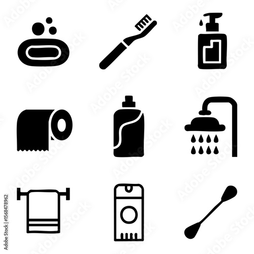 Nine Minimalist Hygiene Product Silhouettes Set on White Background hygiene products