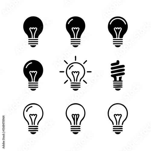 Nine Minimalist Lightbulb Icons Set Transparent Background Simple Silhouettes Vector Graphic