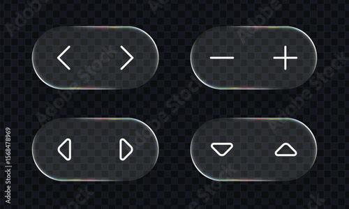 Set of liquid glass user interface elements. Glass buttons with left, right, minus, plus, play and pause icons. Glazing buttons.