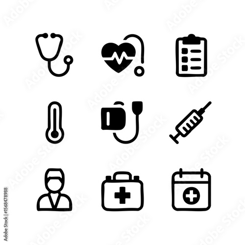 Nine Minimalist Medical Checkup Icons Set Transparent Background Vector Illustration