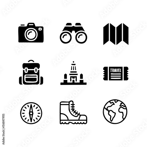 Nine Minimalist Sightseeing Trip Silhouettes Set on White Background Travel Icons Vector Illustration