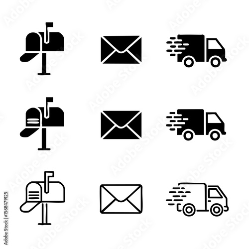 Nine Minimalist Post Service Icons Set Silhouette with Transparent Background vector
