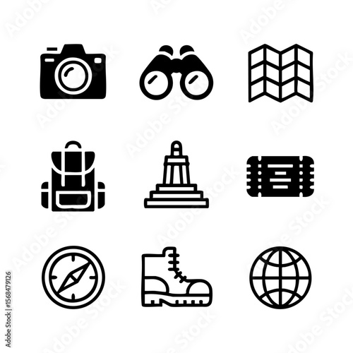 Nine Minimalist Sightseeing Trip Silhouettes White Background png Vector travel