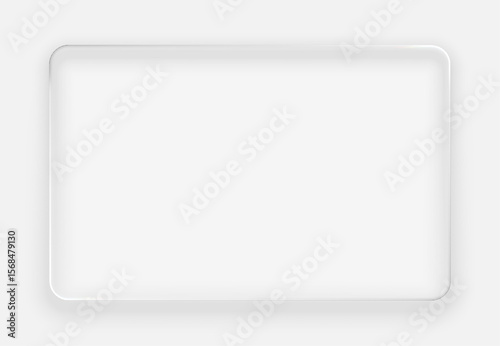 Vector liquid glass frame, rectangular shape with rounded corners, isolated on a light gray background, for mock up