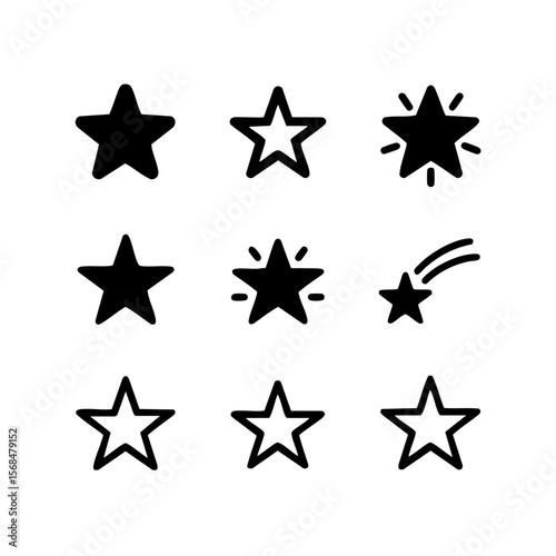 Nine Minimalist Star Icons Set Transparent Background Simple Geometric Star Shapes Collection for Design Projects