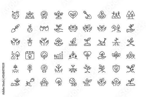 Collection of Line Art Icons Representing Ecology Growth and Environmentalism