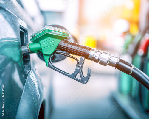 Fueling a vehicle at a gas station with warm sunlight illuminating the scene