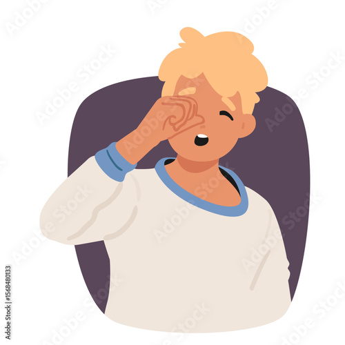 Tired boy child cartoon character rubbing his eyes feeing unwell expressing exhaustion portrait