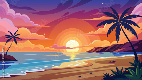 Vector Beach Sunset with Palm Trees, Colorful Clouds and Ocean Waves Illustration