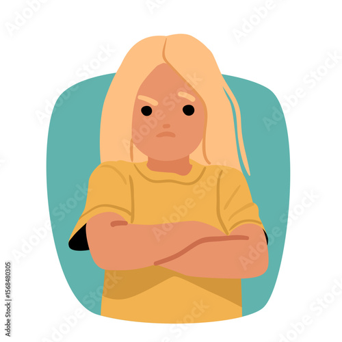 Annoyed girl child cartoon character frowning forehead showcasing negative reaction bubble portrait