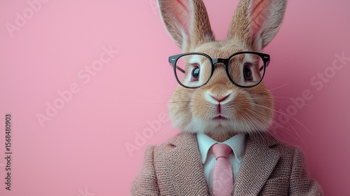Rabbit wearing glasses and a suit against a pink background.