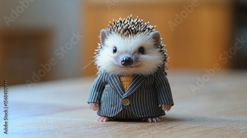 A tiny hedgehog wearing a pinstriped suit.