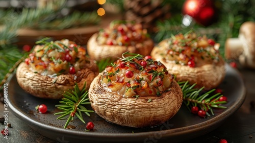 Stuffed mushrooms on a plate, garnished with berries and rosemary, festive background with lights