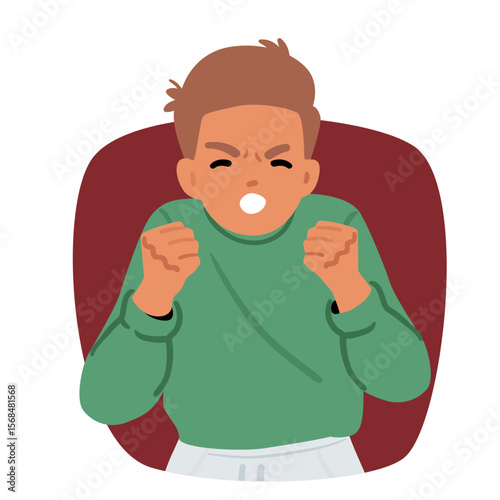 Angry boy child cartoon character frowning forehead clenching fists showcasing aggressive reaction