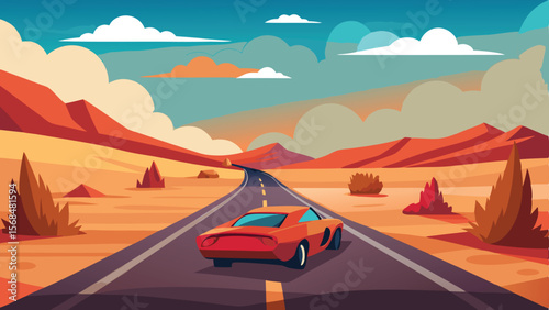 Cartoon Red Car on Desert Road with Mountains, Bushes, and Sky Scenery