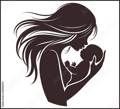 Mother and Baby Tender Embrace Silhouette Vector Icon Design