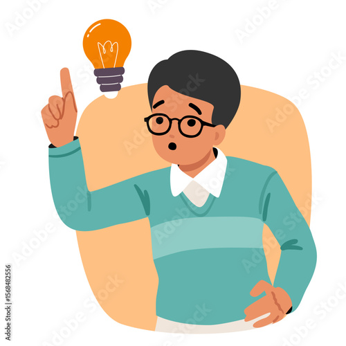 Nerd boy child cartoon character showcasing creative genius idea feeling inspired and motivated