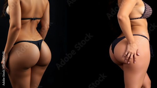 Two confident women in colorful bikinis posing together against a dark black background, showcasing summer fashion, body positivity, and friendship in a stylish studio setting.