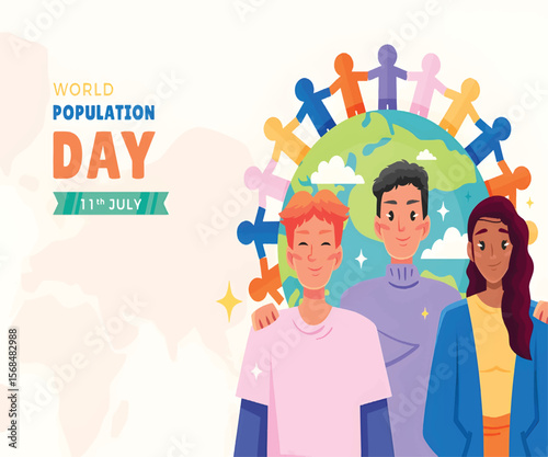 World Population Day Flat Illustration Showing Global Unity and Population Awareness



