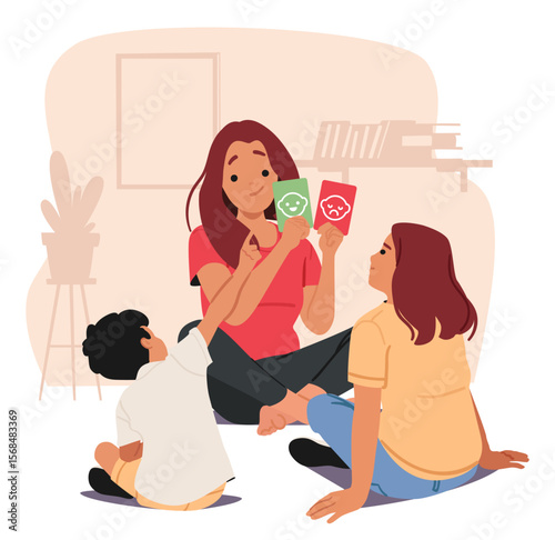 Happy mother teaching her elder daughter and younger son showing cards with different human emotions