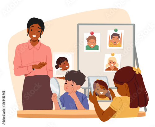 Woman teacher helping children to learn facial emotions in kindergarten or daycare center class