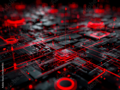 Futuristic digital cityscape with glowing red circuitry and vibrant technology grid