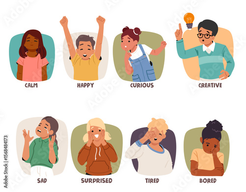 Cute boys girls children different emotions and expression, reactions and sensations isolated set