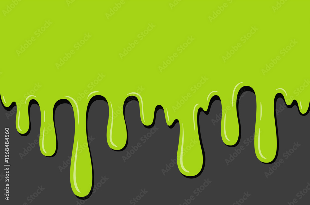 Halloween scary background with toxic flowing slime. Dripping liquid texture with copy space for text. Dribble sticky green mucus. Spooky banner. Vector illustration.