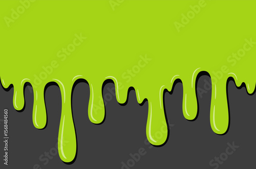 Halloween scary background with toxic flowing slime. Dripping liquid texture with copy space for text. Dribble sticky green mucus. Spooky banner. Vector illustration.