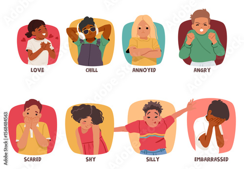 Negative and positive children emotions and feedback isolated prints set with text inscription