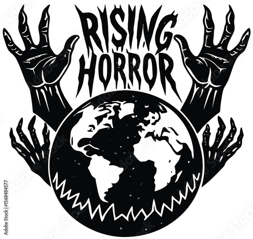 Rising Horror Gloom-Enveloped Earth, Emerging Skeletal Hands Graphic Illustration