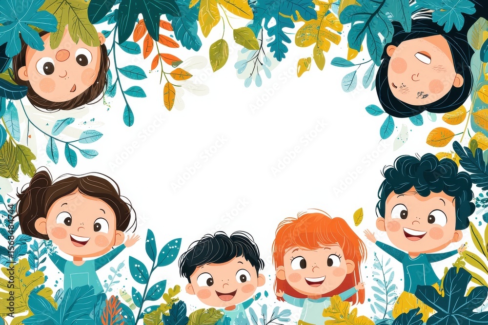 Colorful cartoon illustration featuring happy children in a playful natural border Colorful cartoon illustration featuring happy children in a playful natural border