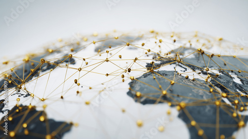 Abstract technology white background. Earth network with glowing nodes and net lines business connection of lines from nodes It is connected to endless nodes and represents the innovation of communica