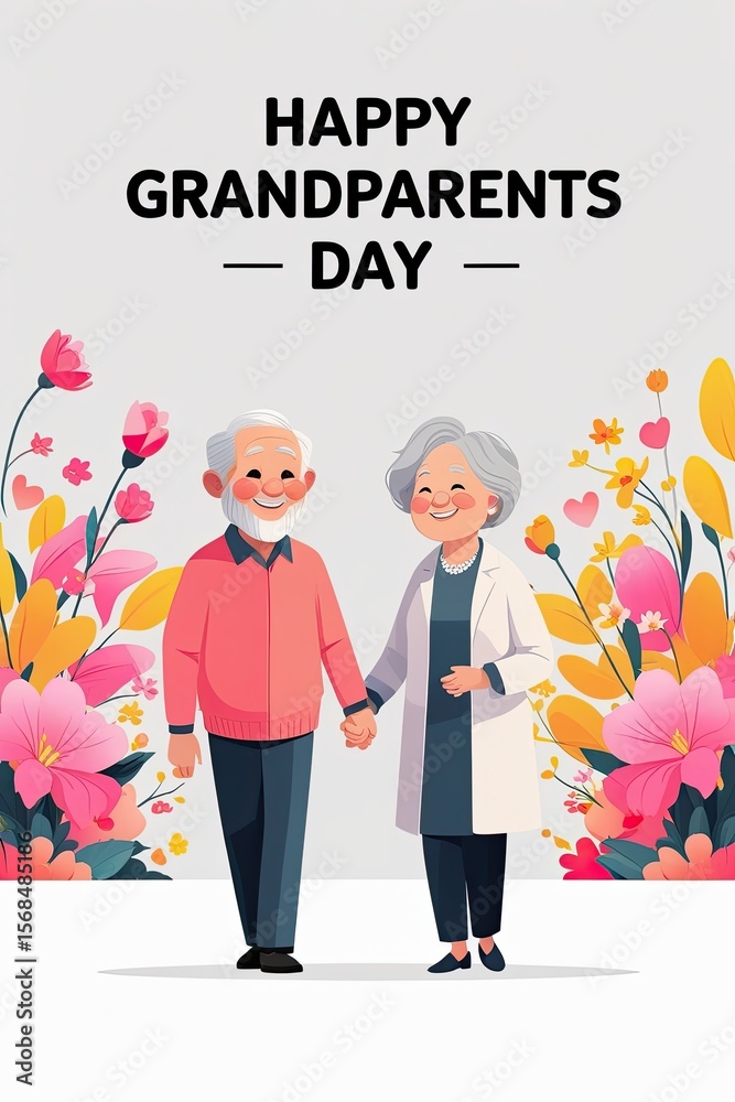 Obraz premium Grandma and grandpa are holding hands surrounded by flowers and above is the greeting inscription Happy Grandparents Day.