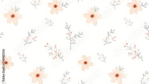 Delicate watercolor floral pattern with soft peach blossoms and subtle grey leaves scattered on a clean white background
