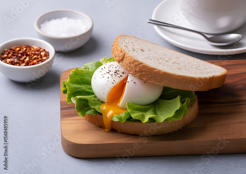 Delicious poached egg sandwich with runny yolk and fresh lettuce on wooden board