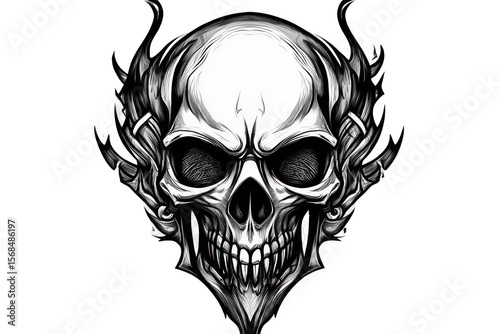 . Graphic black and white drawing of a skull. Hand drawn subject