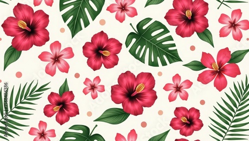 Vibrant tropical floral pattern featuring red hibiscus flowers and lush green monstera and palm leaves on a creamy background
