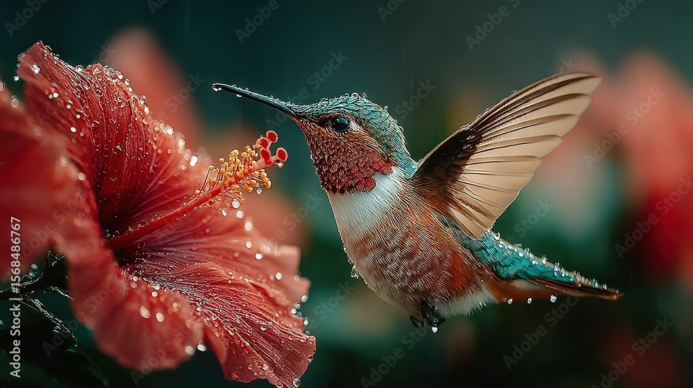 Naklejka premium A hummingbird hovers near a red flower, its wings glistening with water droplets