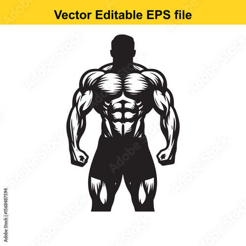 Silhouette Vector of an Extremely Muscular Bodybuilder with Shredded Muscles and Strong Physique Standing Firm Ready for Action and Intense Training