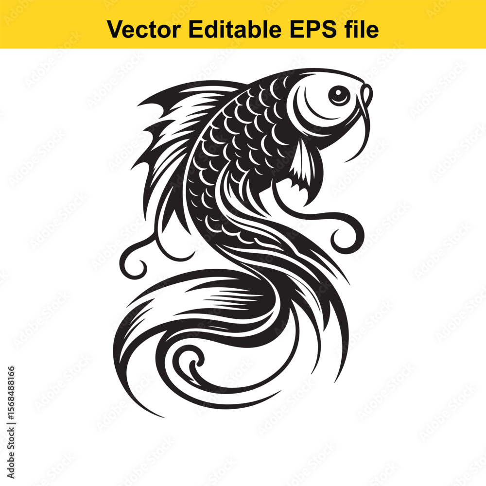 Fototapeta premium Monochromatic Koi Fish Illustration A Symbol of Perseverance Determination and Positive Transformation With an Artistic Swirl Design