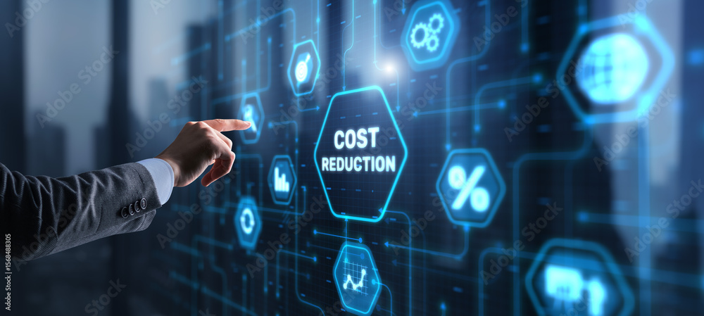 Fototapeta premium Cost reduction business finance concept. Businessman clicks virtual screen