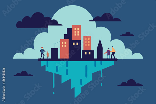Floating Cityscape A surreal illustration of urban life amidst clouds and reflection