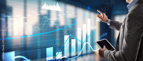 3D charts with up arrows, business panel on virtual screen