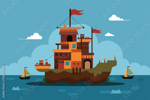 Enchanted Floating Island Ship A Whimsical Ocean Vessel Illustration